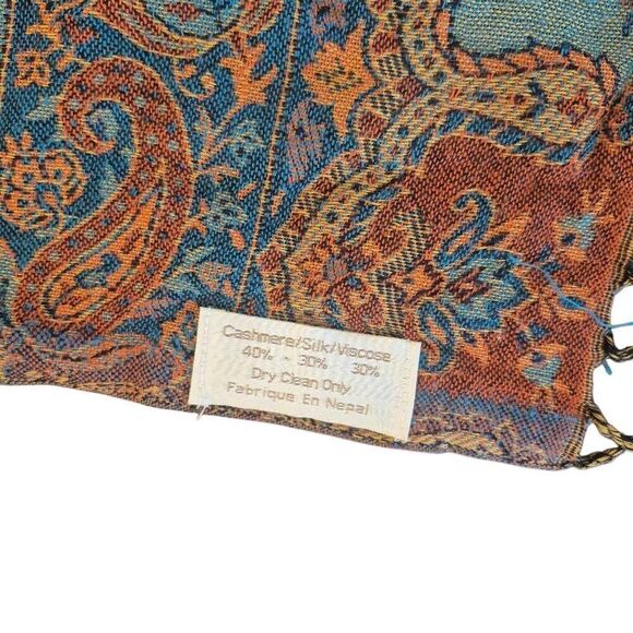 Cashmere, Silk & Viscose Blue & Beige Shawl w Fringe - Picture 4 of 7